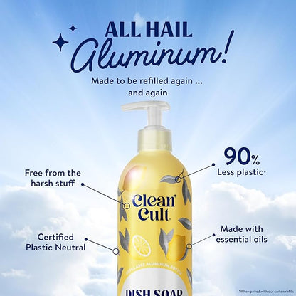 Cleancult - Lemon Verbena - Liquid Dish Soap - Refillable Aluminum Bottle - Dish Soap that Cuts Grease & Grime - 16 oz - 3 Pack