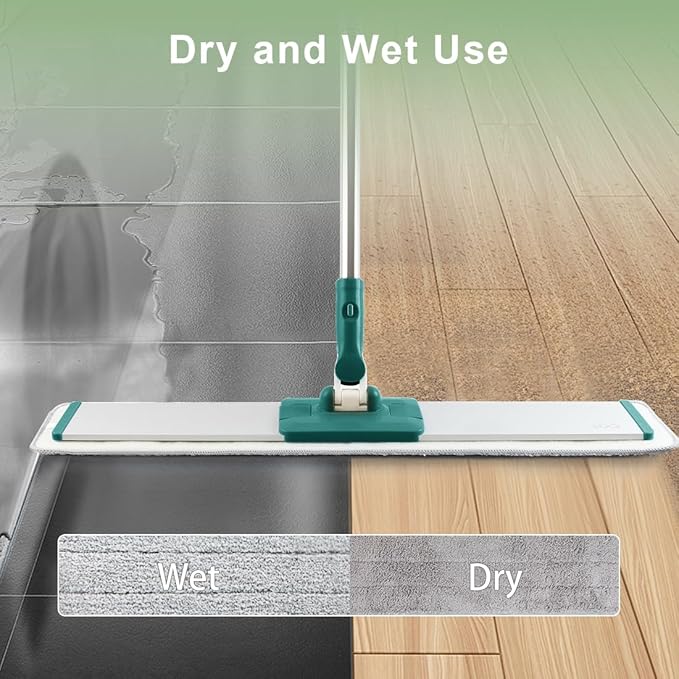 CQT Commercial Flat Microfiber Floor Mop Cleaning System 24" Inch Wet Dry and Dust Hardwood with 4 Washable Pads Cleaner for Laminate Tile Stainless Steel Handle and Extension (PT14 Green)