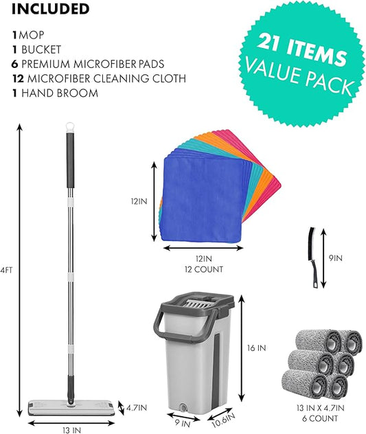 Mop Bucket Set with 12 Microfiber Cleaning Towels and a Cleaning Brush, Mops for Floor Cleaning, Cleaning Tools, Mob, mop and Bucket with Wringer Set for Home with 6 Washable Microfiber Pads