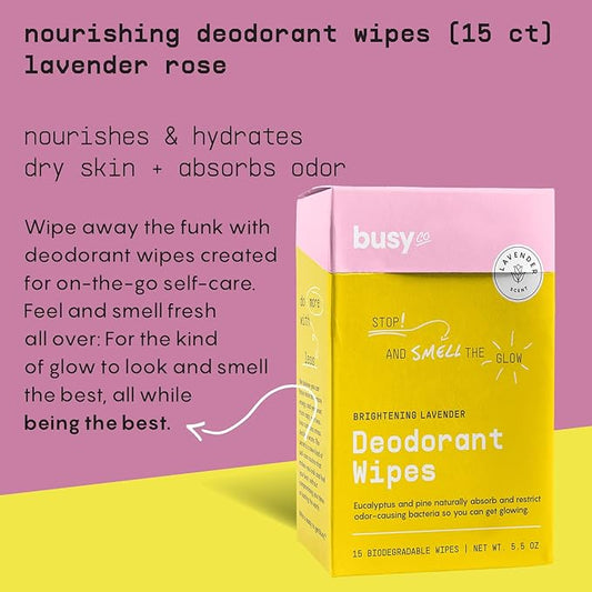 Glow Line Deodorant Wipes - 15ct Lavender Rose Deodorant for Women w/Zinc, Probiotics & Prebiotics - Individually Wrapped - Sweat Wipes for Hydrating, Odor Control & Cleansing