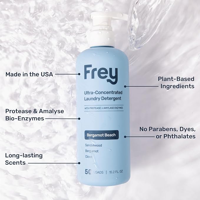 FREY Concentrated Liquid Laundry Detergent - Specially Formulated for Sensitive Skin and High Efficiency (HE) Washers - Removes Stains, Ideal for 50 Loads - Jasmine Rose White Cedar Scent - Pack of 2