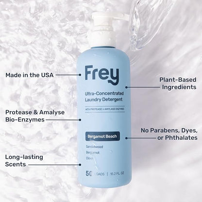 FREY Concentrated Liquid Laundry Detergent - Specially Formulated for Sensitive Skin and High Efficiency (HE) Washers - Removes Stains, Ideal for 50 Loads - Jasmine Rose White Cedar Scent - Pack of 2