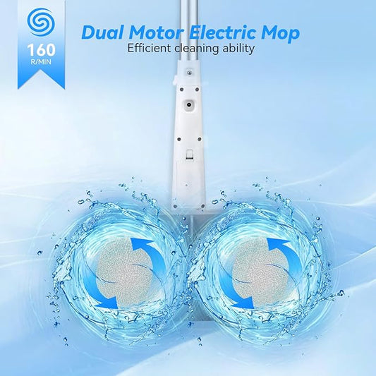 Cordless Electric Mop, Dual Motor Powerful Spin Mop 2000 mAh, Floor Polisher,1H Rechargeable Power Mops with LED Light/Water Sprayer, Electric Mops for Floor Cleaning for Hardwood, Tile, Rotate 180°
