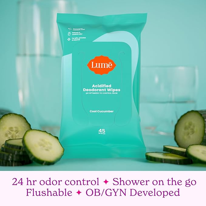 Lume Acidified Deodorant Wipes - 24 Hour Odor Control - Aluminum Free, Baking Soda Free, Skin Loving - 45 Count (Pack of 2) (Cool Cucumber)