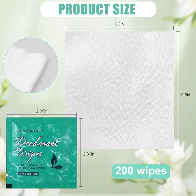 200 Pcs Deodorant Wipes Individually Wrapped Mini Deodorant Travel Size Wet Armpit Wipes Travel Deodorants Bulk for Homeless Women Men Personal Cleansing Wipe Butt Hands Face Underarm Sports(Jasmine)