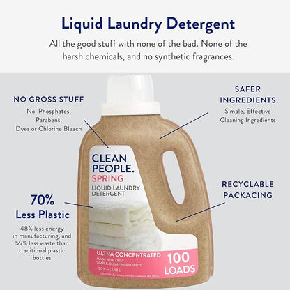 The Clean People Liquid Laundry Detergent - Recyclable Packaging, Stain Fighting - Ultra Concentrated, Laundry Soap - Spring Scent, 50 fl oz