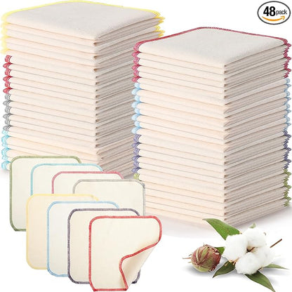 Mixweer 48 Pcs Flannel Cloth Baby Wipes Reusable Baby Diapers Wipes Washable Natural Unbleached Face Wipes Soft and Sturdy Cloth Wipes 8 Colors Outer Stitching 8 x 8 Inches