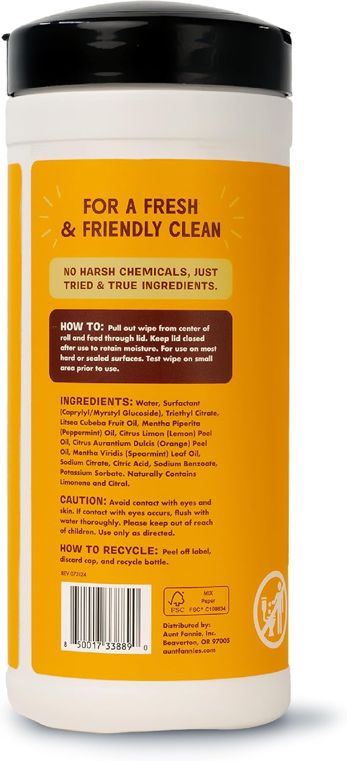 Aunt Fannie's Wood Surface Cleaning Wipes, Multipurpose Wood Surface Cleaner for Cabinets, Furniture, and Wood Floors, Lemon Scent, 35 Count (Pack of 6)