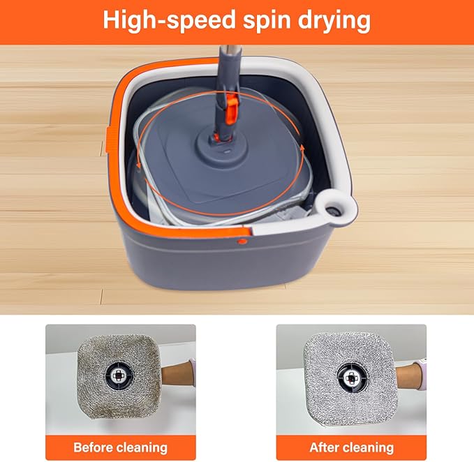 Spin Mop and Bucket Set with 3 Replaceable Microfiber Mop Pads, Self-Separating Clean and Dirty Water System, Self-Wringing 360° Rotating Square Mop Head for Hardwood, Tile, and Marble Floors