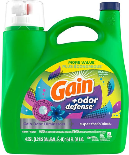 Gain + Odor Defense Liquid Laundry Detergent Super Fresh Blast Scent, HE Compatible, 107 Loads 154 fl oz, Gain Laundry Detergent, Liquid Laundry Detergent