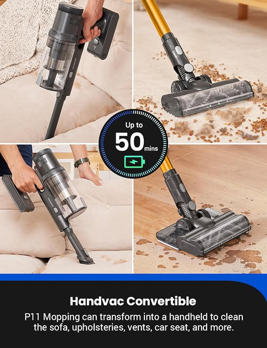 Proscenic Vacuum Cleaners for Home, P11 Mopping Wet Dry Cordless Vacuum and Mop Combo All in one, High Suction Vacuum with LED Display, Long Runtime Ease of use Vacuum for Pet Hair(Yellow)