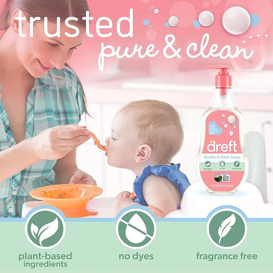 Dreft Baby, Bottle and Dish Soap, Removes Milk Film & Odor, Plant Based, Fragrance Free, Travel Size Bottles, 24 Fl Oz (Pack of 2)