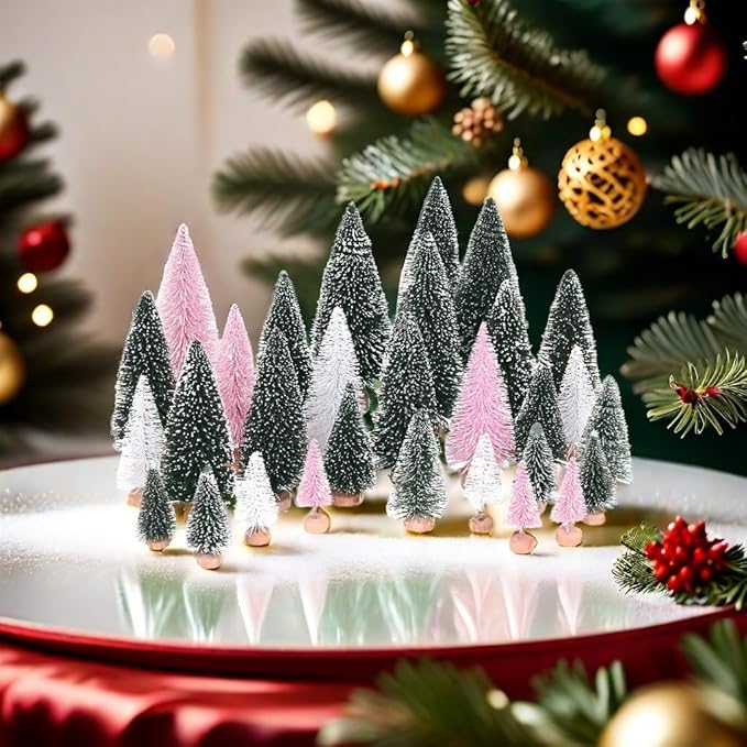 Waipfaru Pink Christmas Decorations, Mini Bottle Brush Christmas Trees, 21 Pcs Miniature Small Pine Trees for Xmas Tabletop Crafts Indoor Table Home Decor (Pink & White)