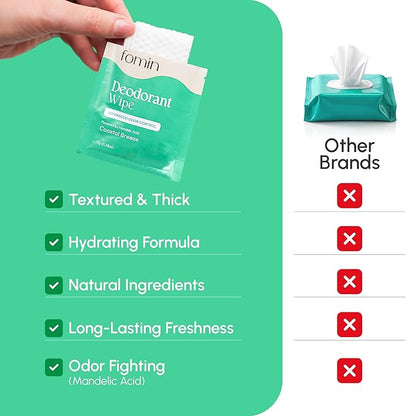 FOMIN Acidified Travel Deodorant Wipes For Women & Men - 30 Count - Coastal Breeze - pH Balanced, Mini Deodorant Travel Size Wipes - Plastic-Free, Individually Wrapped Underarm Body Wipes