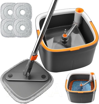 KZKR Spin Mop and Bucket Set with 4 Replaceable Microfiber Mop Pads with Self Separation Dirty and Clean Water System, Self Wringing 360° Rotating Square Mop Head for Hardwood Tile Marble Floors