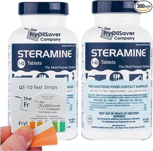 2 Bottles Steramine Tablet, Steramine Sanitizer Tablet w/ 15 QT-10 Test Strip for Food Service, Multi Purpose Sanitizing Tab for Food Contact Surface, Kitchen & Restaurant by FryOilSaver Co. (300 Tab)