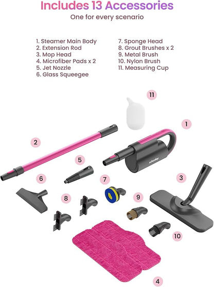 Schenley Steam Mop Cleaner with Detachable Handheld Steamer for Cleaning Hardwood, Laminate Floor, Tiles and Grout, with 7-in-1 Multi-purpose Accessories and Washable Microfiber Pads