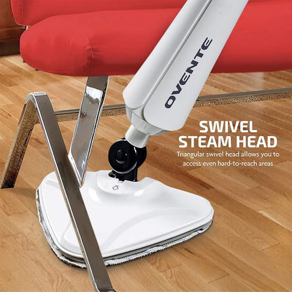 OVENTE Electric Steam Mop Cleaner, 1300W Floor Steamer with Swivel Head, Refillable Water Tank and Washable Microfiber Pad for Cleaning Carpet, Hardwood, Laminate Floor, Tiles and Grout, White ST405W