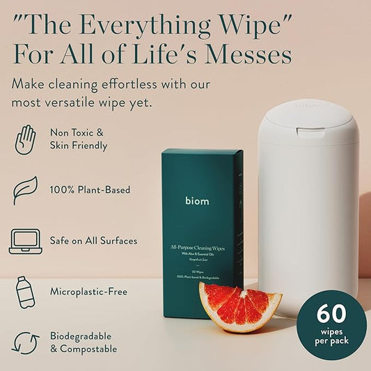 Biodegradable All-Purpose Wipes 3-Pack Refill - Non-Toxic Grapefruit Cleaning Wipes | Plant-Based Surface Cleaner for Home & Travel | Kid & Pet Friendly Wet Wipe | All Natural & Eco-Friendly