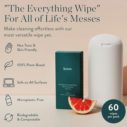 Biodegradable All-Purpose Wipes 3-Pack Refill - Non-Toxic Grapefruit Cleaning Wipes | Plant-Based Surface Cleaner for Home & Travel | Kid & Pet Friendly Wet Wipe | All Natural & Eco-Friendly