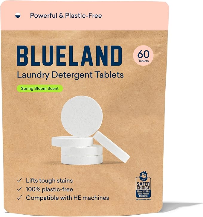 BLUELAND Laundry Detergent Tablets, 60 Count, Spring Bloom Scent, Plastic-Free Eco-Friendly Pods, Sheets, Liquid Alternative - Natural, Gentle, Non Toxic