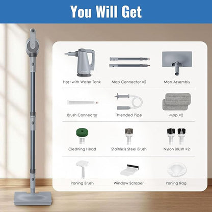 FEPPO Steam Mop with Detachable Handheld Steam Cleaner for Home and Floor Cleaning, 10-in-1 Multi-purpose Attachments & 2 Pads, Powerful Steamer for Floors, Hardwood, Tiles,Grout,Windows,Kitchen,Bath