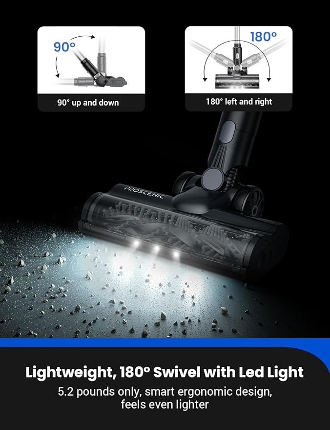 Proscenic Cordless Vacuum Cleaner, Wet/Dry Mop Combo, 45Kpa Suction, 50Mins Runtime, Silver