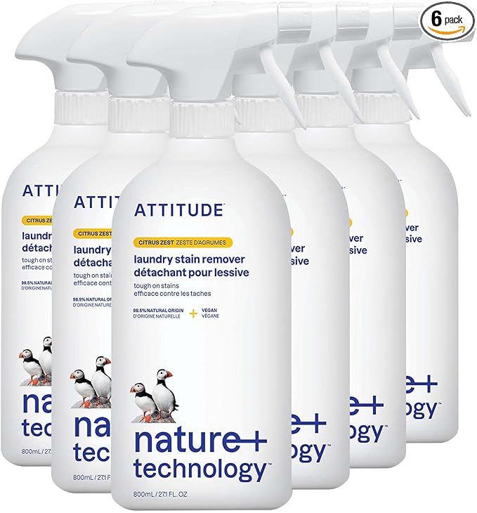 ATTITUDE Laundry Stain Remover, Plant and Mineral-Based Ingredients, Vegan and Cruelty-free Household Products, Citrus Zest, 27.1 Fl Oz (Pack of 6)