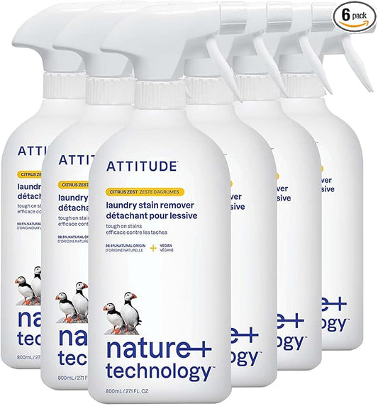 ATTITUDE Laundry Stain Remover, Plant and Mineral-Based Ingredients, Vegan and Cruelty-free Household Products, Citrus Zest, 27.1 Fl Oz (Pack of 6)