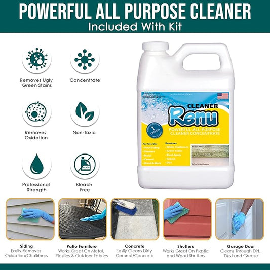 Renu Cleaner Concentrate Whole House Kit - Heavy Duty Cleaner, Removes Stains, Oxidation & More. Ideal For Vinyl Siding, Decks, Patio, Fences, Pavers & Outdoor Fabrics. Cleans an Incredible 3000 SF.