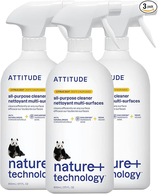ATTITUDE All-Purpose Cleaner, EWG Verified, Streak-Free, Plant- and Mineral-Based, Vegan, Citrus Zest, 27.1 Fl Oz (Pack of 3)