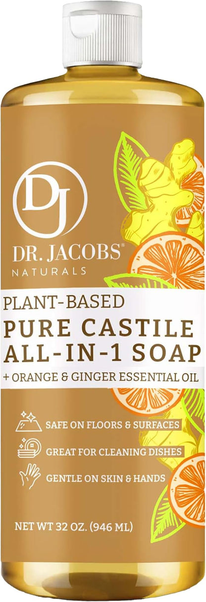 Dr. Jacobs Naturals Orange + Ginger Castile All-In-One Cleaner and Soap, Effective Plant-Based Formula for House Cleaning. Eco-friendly for Home Essentials and the Planet (32 Fl Oz, 1 Pack)