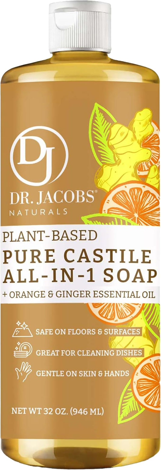 Dr. Jacobs Naturals Orange + Ginger Castile All-In-One Cleaner and Soap, Effective Plant-Based Formula for House Cleaning. Eco-friendly for Home Essentials and the Planet (32 Fl Oz, 1 Pack)