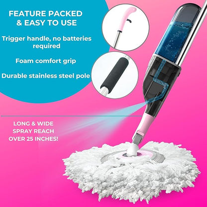 Heavy Duty Spray Mop Kit for Floor Cleaning, Refillable Water Tank, Use Any Cleaning Solution with Machine Washable Pads, Includes Flat Mop Head, Round, Squeegee Head