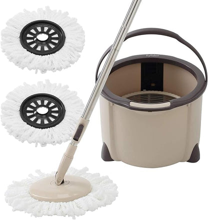 Eyliden 360° Spin Mop Bucket System - Rapid Dry, 2 Microfiber Pads, Adjustable Handle - Mop and Bucket for Home & Commercial Floors, Brown