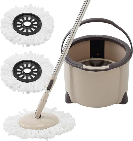 Eyliden 360° Spin Mop Bucket System - Rapid Dry, 2 Microfiber Pads, Adjustable Handle - Mop and Bucket for Home & Commercial Floors, Brown