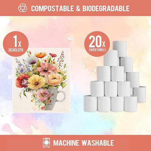 Morigins Spring Flowers Bird Swedish Dish Cloths - 6 Pack Reusable Compostable Kitchen Cloth, Cellulose Sponge Dish Towel Set