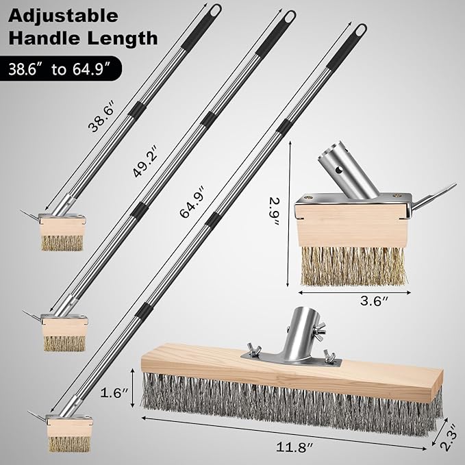 Crack Weeder Brush Heavy Duty Wire Broom Set, Multifunction Moss Grout Remover with Scraper Weed Puller, Detachable 64.9in Handle for Outdoor Deck Pavers Patios Walkways Concrete Floor Cleaning