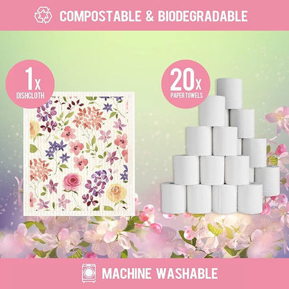 Morigins Floral Swedish Dish Cloths - 6 Pack Reusable Compostable Kitchen Cloth,Cellulose Sponge Dish Cloths Dish Towel Set