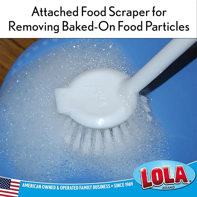 Lola Products Dish Brush w/Scraper, Durable Fiber Non-Scratch Bristles, Ergonomic Non-Slip Grip Handle, for Baked-on & Caked-on Messes, 2 Pack