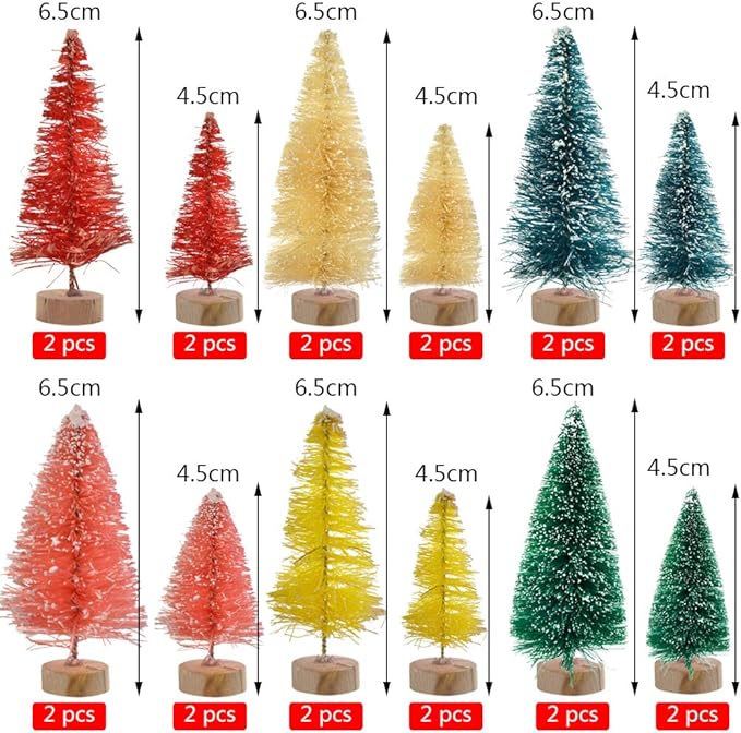 Yookat 40Pcs Mini Pine Trees Artificial Mini Trees with Wood Base Sisal Trees Bottle Brush Trees Assorted Color for Christmas Decoration Winter Ornaments DIY Crafts (Multicolor)