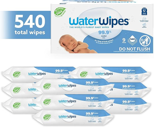 WaterWipes Plastic-Free Original-baby Wipes, 99.9% Water Based Wipes, Unscented & Hypoallergenic for Sensitive Skin, 60 Count (Pack of 9) Total 540 wipes, Packaging May Vary