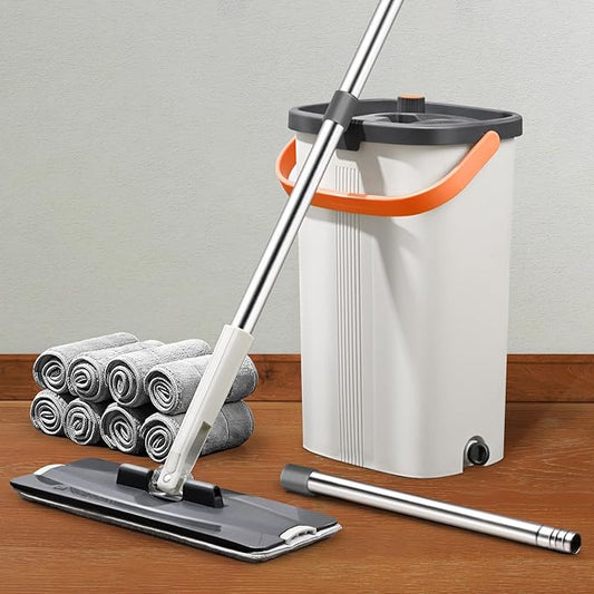 Lascpt Flat Mop and Bucket with Wringer Set, 3-Chamber Design Separates Dirty and Clean Water, Wet and Dry Use, Automatic Wringing Home Floor Wall Cleaning Mop, 8 Reusable Microfiber Mop Pads