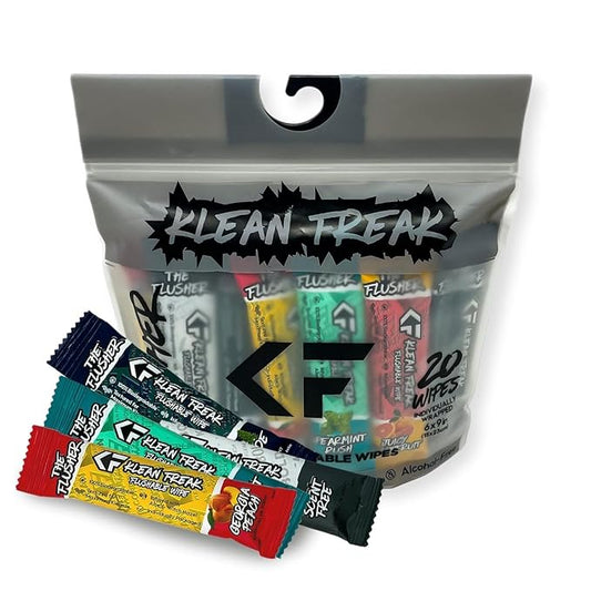 THE KLEAN FREAK FLUSHER - Flushable Wipes For Adults & Kids - 100% BIODEGRADABLE Individual Wrapped Travel WET Wipe for Toilet - Soothing Aloe & Witch Hazel - Alcohol Free 20 Pack - Mixed