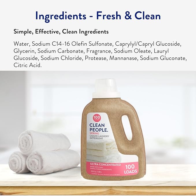 The Clean People Liquid Laundry Detergent - Recyclable Packaging, Stain Fighting - Ultra Concentrated, Laundry Soap - Spring Scent, 50 fl oz (2 Pack)