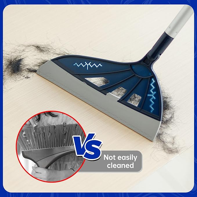 Magic Air Broom Household Silicone Broom for Floor Cleaning, Multifunctional Floor Squeegee with 60’’ Aluminum Adjustable Handle, Pet Hair for Glass, Fine Dust, Hair, Liquids (Blue)
