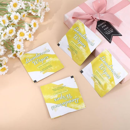100Pcs Travel Deodorant Wipes, Travel Size Mini Deodorant Wipes Bulk for Homeless, Individually Wrapped Body Cleaning Supplies for Women Wet Armpit for Body Cleaning Lemon