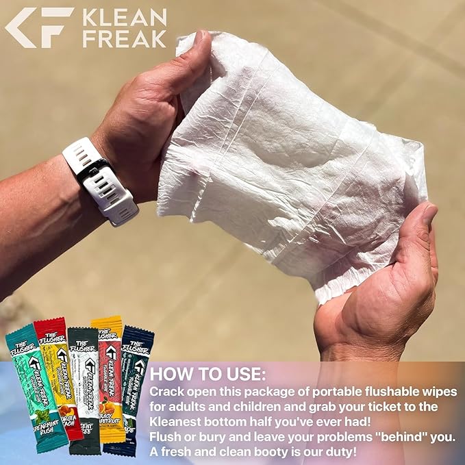 THE KLEAN FREAK FLUSHER - 100 Pack FLUSHABLE WIPES Flushable Wipes For Adults & Kids Unscented/Scented - 100% BIODEGRADABLE Individual Wrapped Travel WET Wipe for Toilet - Juicy Grapefruit