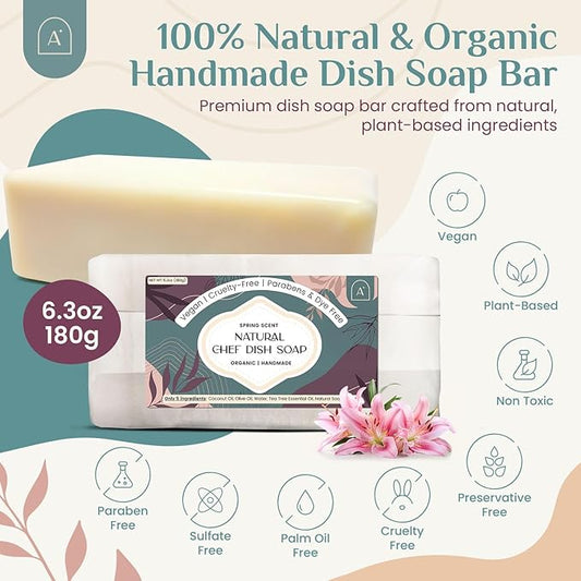 All Natural Dish Soap Bars - Bar Soap for Dishes, Biodegradeable Dish Soap Block, Kitchen Soap, All Natural Non Toxic, Low Waste Kitchen Dishwashing Bar Soap-Spring Scent (3 Pack, 6.3oz)