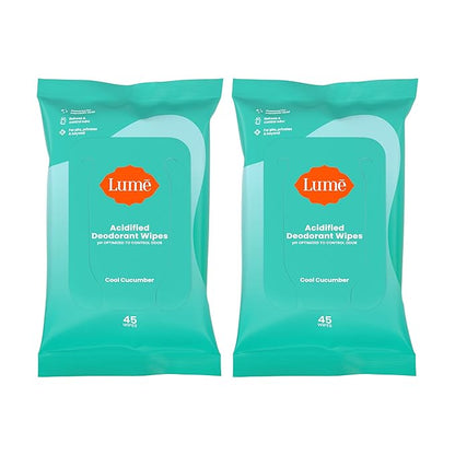 Lume Acidified Deodorant Wipes - 24 Hour Odor Control - Aluminum Free, Baking Soda Free, Skin Loving - 45 Count (Pack of 2) (Cool Cucumber)